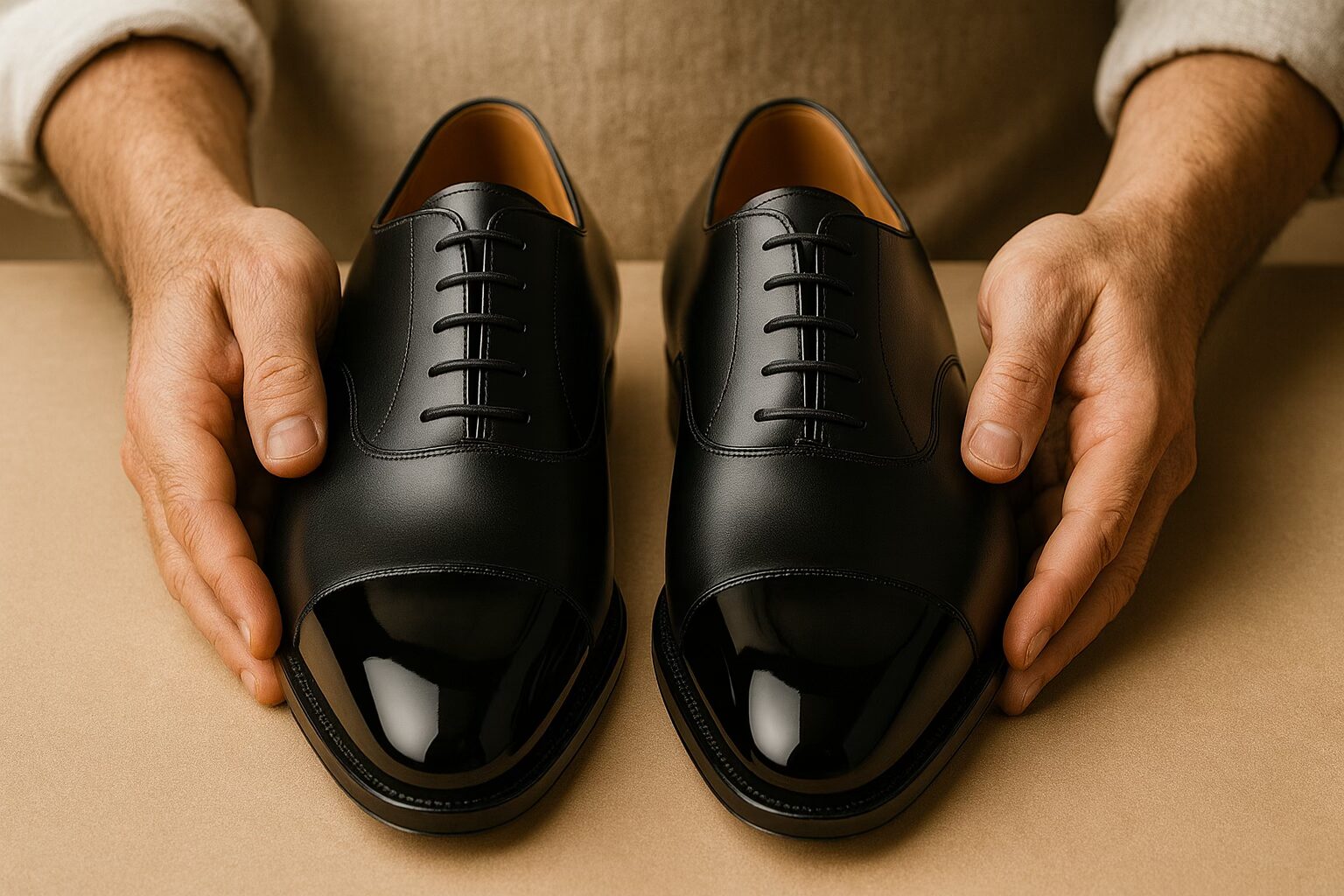 A shoemaker’s hands supporting polished black dress shoes (The Makers Guild)