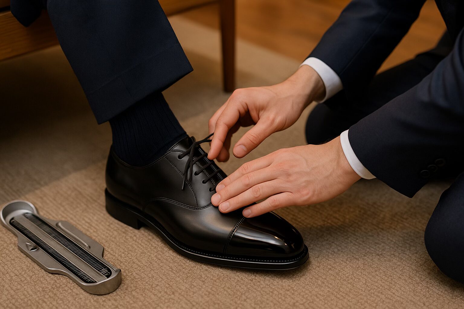 Hands checking dress shoe fit—heel hold, toe room, arch support