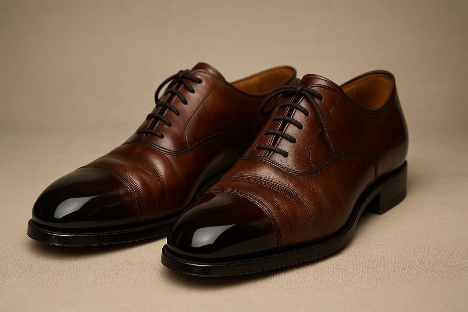 Aging patina on cap-toe dress shoes after proper care
