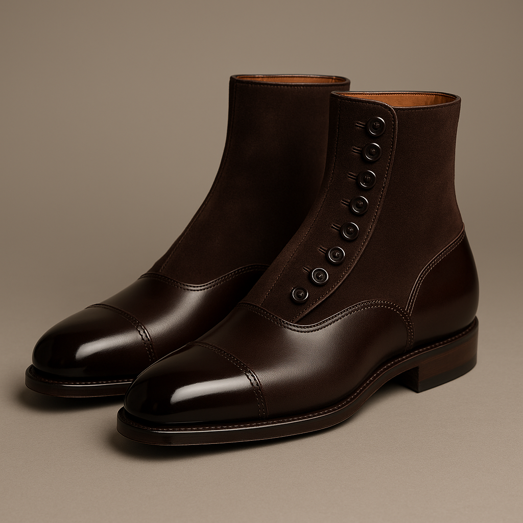 Button boots with side row of small fasteners