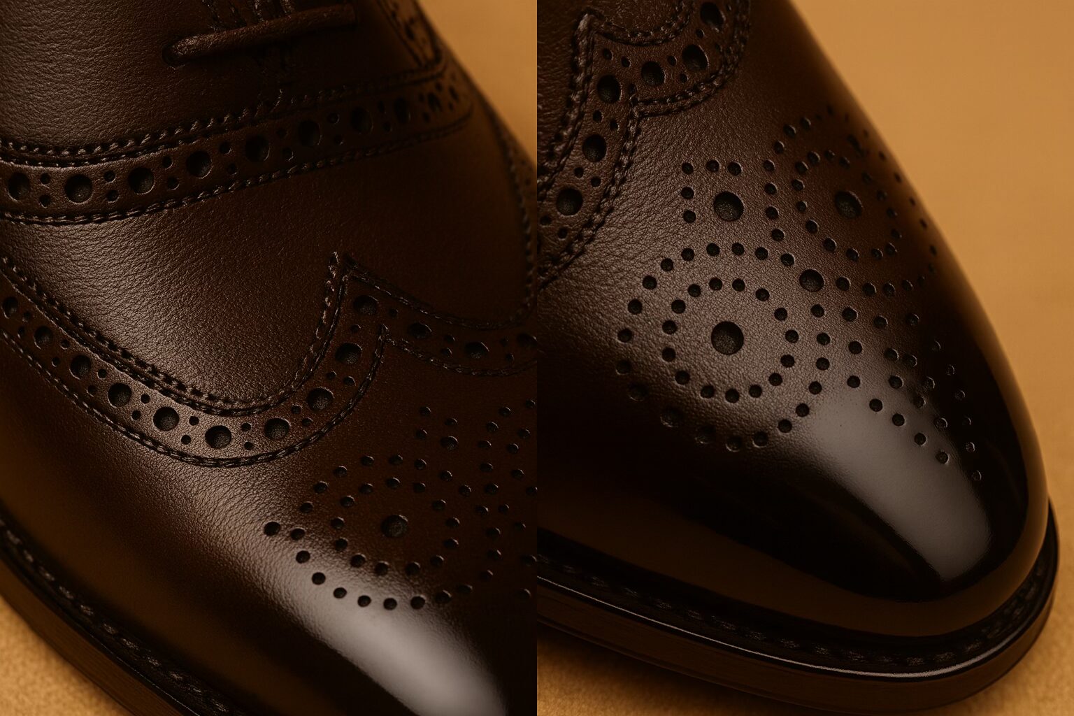 Close-up of a brogue medallion on a cap-toe dress shoe