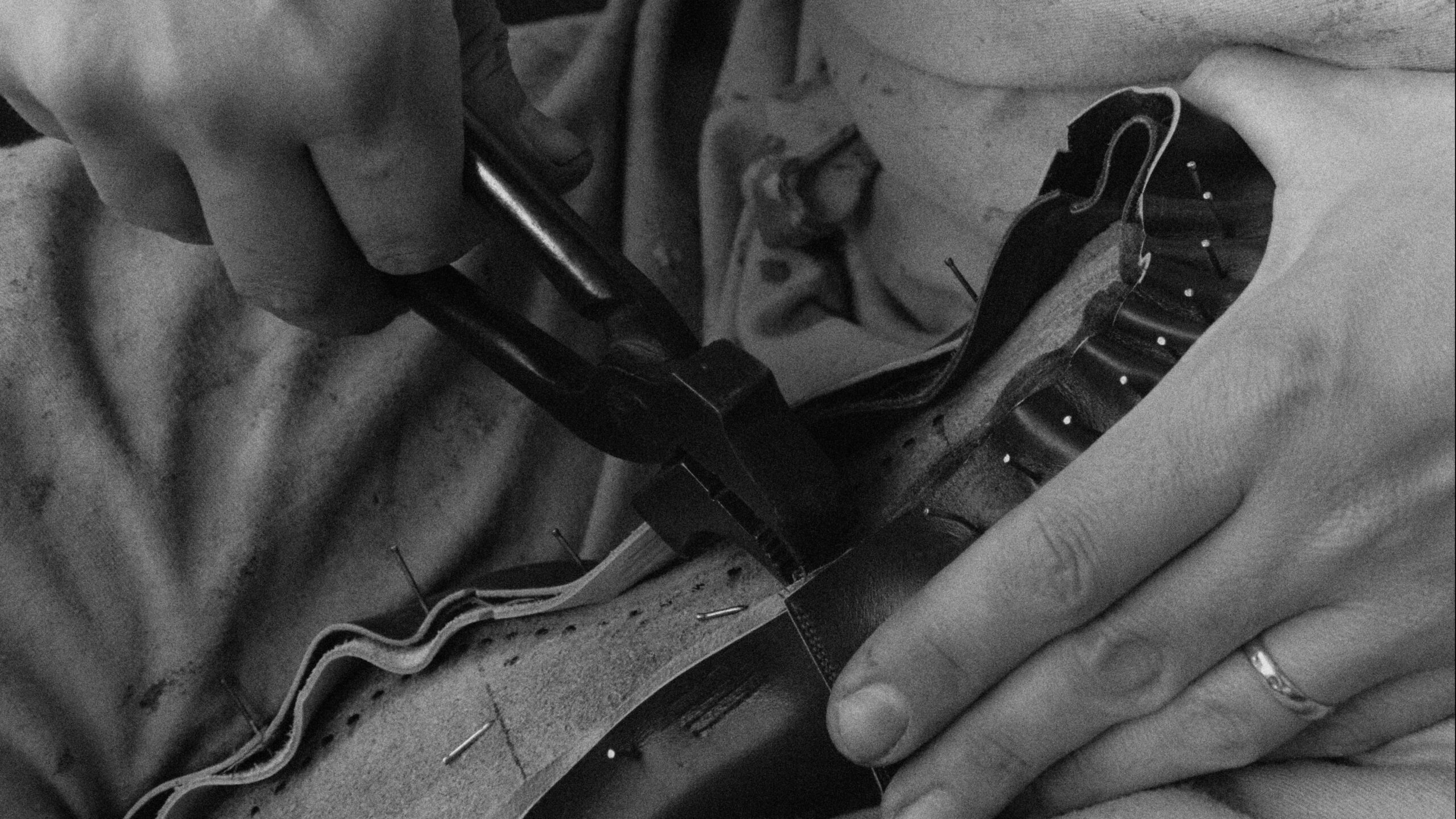 Hand-lasting an upper over the last—skills and ethos inherited from the late Jason Amesbury.