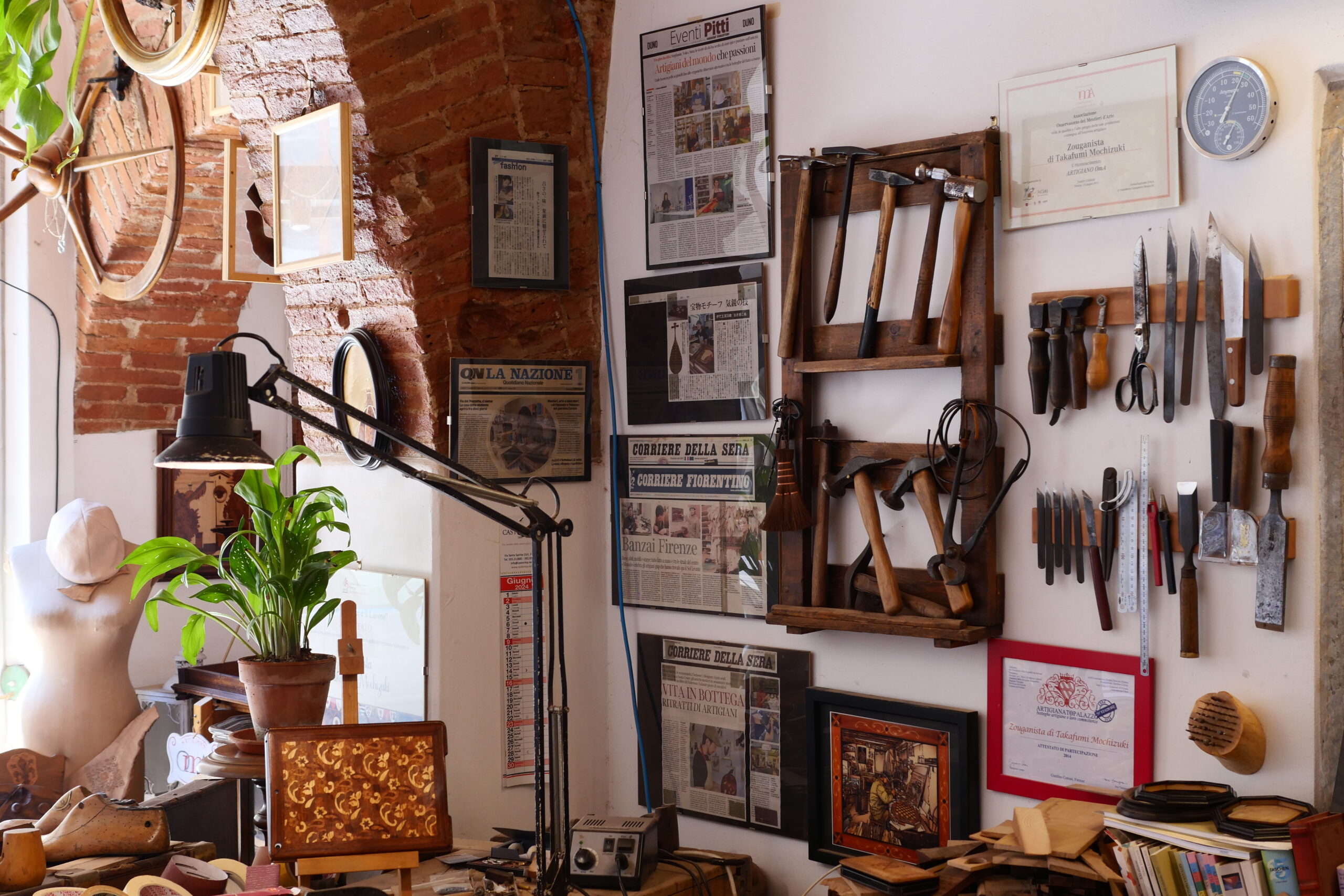 Historic materials and tools stored in the marquetry studio — essential for furniture restoration